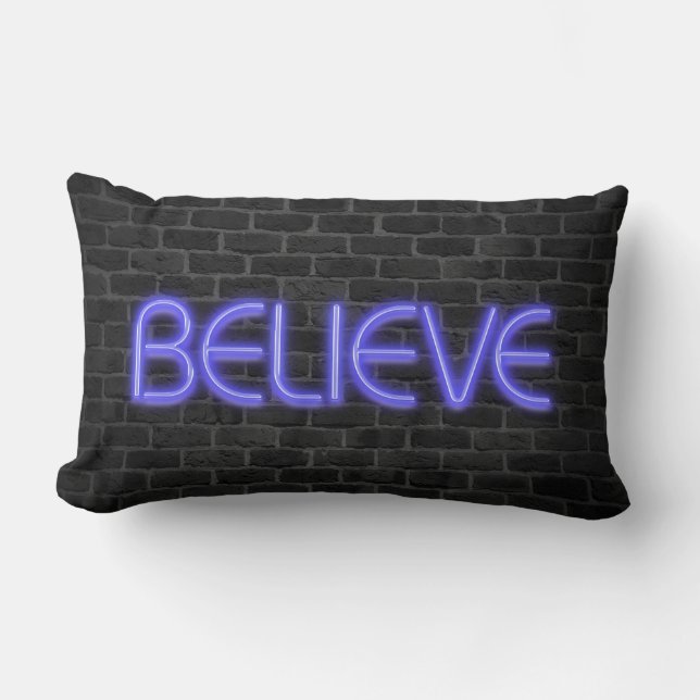 Believe text in neon lights on brick lumbar cushion (Front)