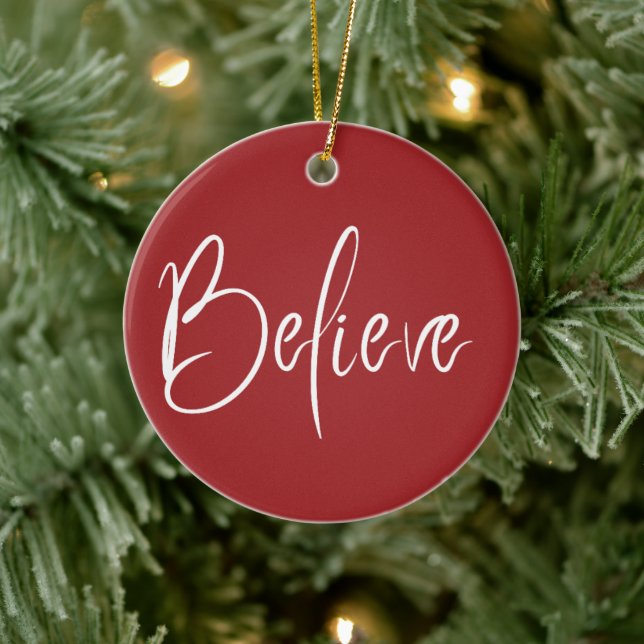 Believe Typography Red Modern Holiday Christmas Ceramic Tree Decoration (Tree)