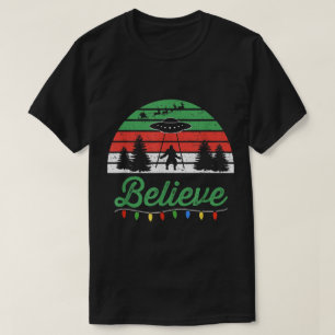 Believe UFO Bigfoot Christmas Retro Design T-Shirt