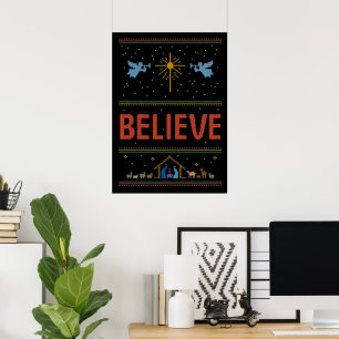 BELIEVE Ugly Christmas Sweater Christian Jesus God Poster
