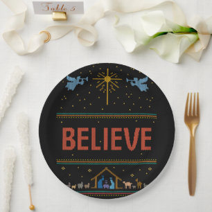 BELIEVE Ugly Christmas Sweater Religious Christian Paper Plate