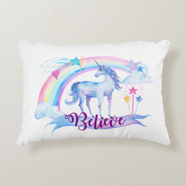 Believe / Unicorn Baby Girl's Nursery Room Decor Decorative Cushion (Front)