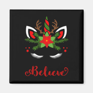 Believe Unicorn Reindeer Face Cute Christmas Santa Magnet
