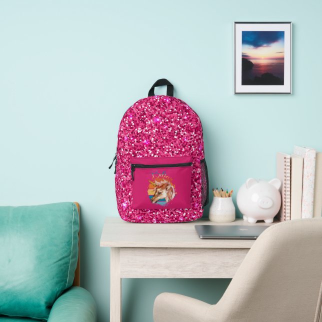 Believe Unicorn with Pink Glitter  Printed Backpack (Insitu)