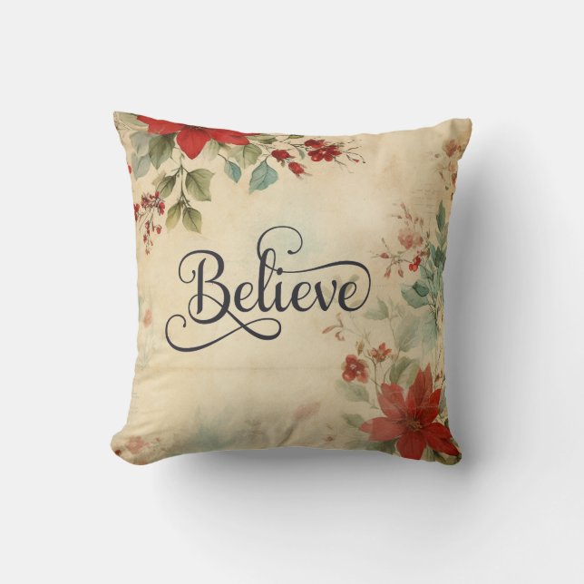 'Believe' Vintage Red Poinsettia Floral Christmas Cushion (Front)