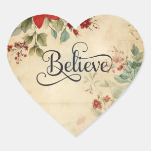 'Believe' Vintage Red Poinsettia Floral Christmas Heart Sticker