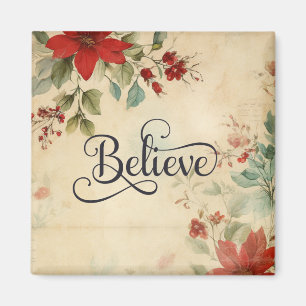 'Believe' Vintage Red Poinsettia Floral Christmas Magnet