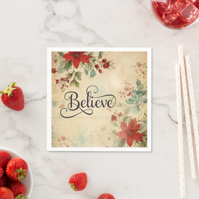 'Believe' Vintage Red Poinsettia Floral Christmas Napkin (Insitu)