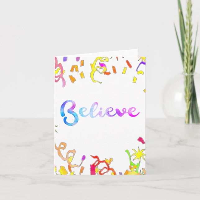 Believe Watercolor Typography Confetti Art  Note Card (Front)