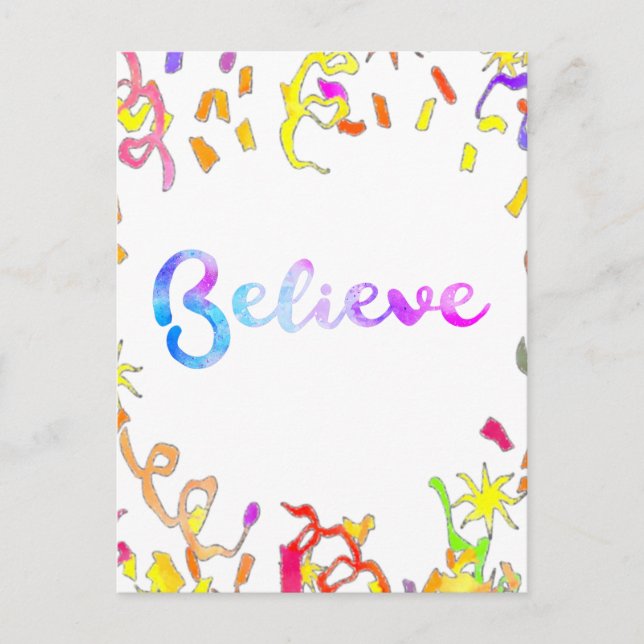 Believe Watercolor Typography Confetti Art  Postcard (Front)