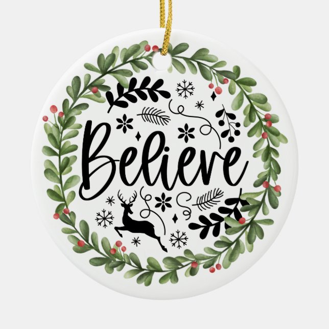 Believe Watercolor Wreath Ceramic Ornament (Front)
