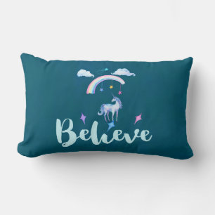 Believe with a Watercolor Unicorn Under a Rainbow Lumbar Cushion