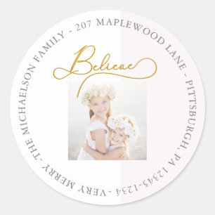 Believe with Blush Stripe Photo Return Address Classic Round Sticker