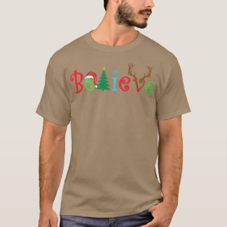 Believe Women Christmas Tree Cute Letter Antlers H T-Shirt