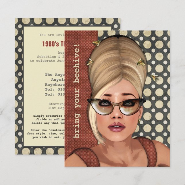 Belinda Beehive Retro Chic Small Invitation (Front/Back)