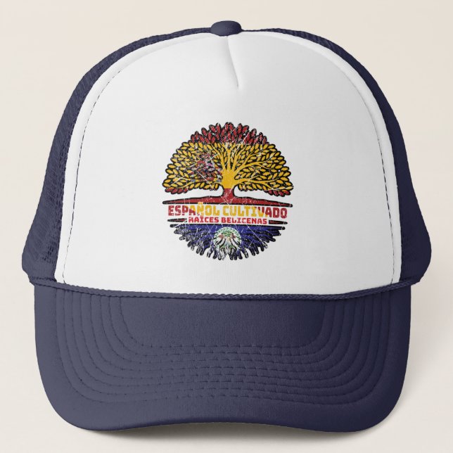 Belise Belizean Spain Spanish Tree Roots Flag Trucker Hat (Front)