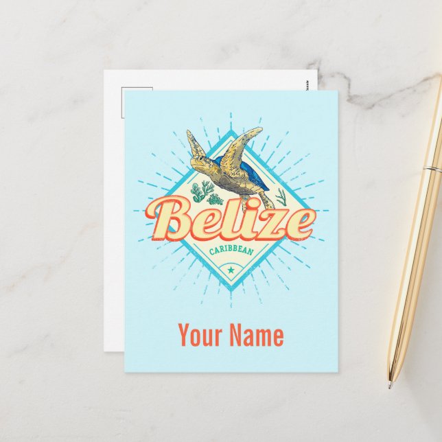 Belise Caribbean Retro Turtle Vintage Souvenir Holiday Postcard (Front/Back In Situ)