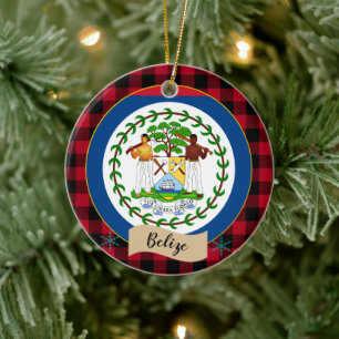 Belize, Red buffalo plaid & Belize Flag Ceramic Tree Decoration
