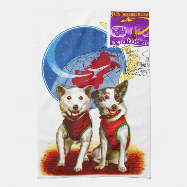 BELKA AND STRELKA: RETRO SPACE TRAVEL DOGS TEA TOWEL (Vertical)