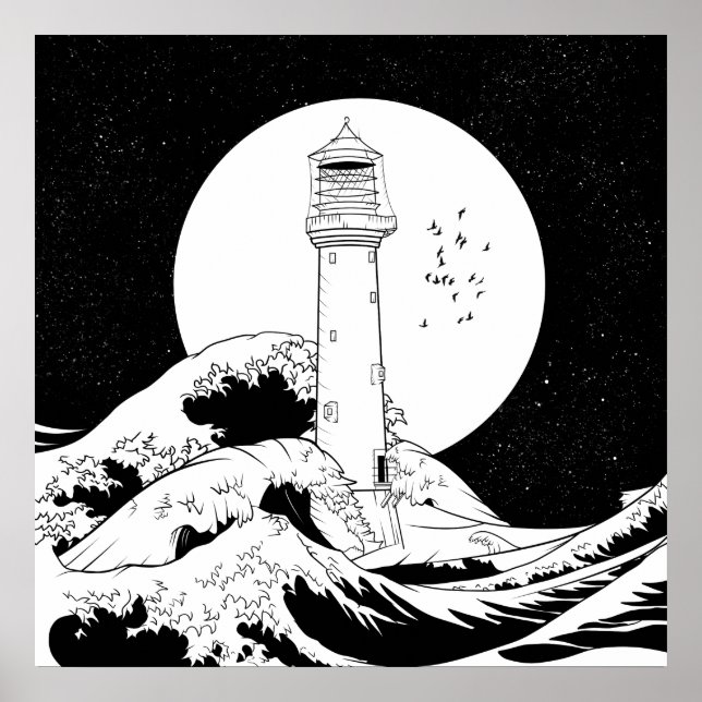 Bell Rock lighthouse black and white Poster (Front)