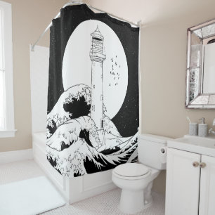 Bell Rock lighthouse black and white Shower Curtain