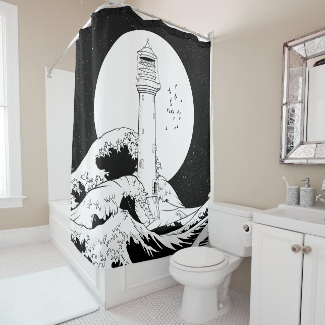 Bell Rock lighthouse black and white Shower Curtain (In Situ)