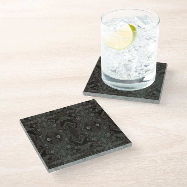 Belladonna Black Abstract Acrylic Fluid Art Glass Coaster (Angled)