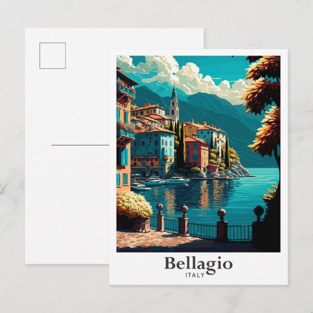 Bellagio Italy Art Vintage Travel Illustration Postcard (Front/Back)