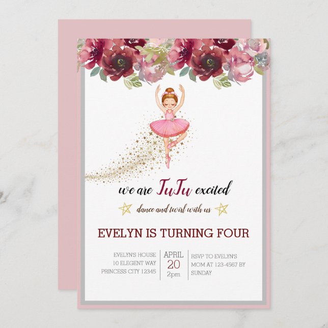 Bellerina Dancer | Pink Floral Ballet Birthday Invitation (Front/Back)