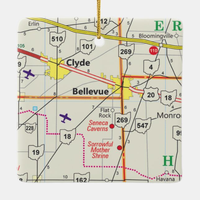 Bellevue Ohio Road Map Ceramic Ornament (Back)