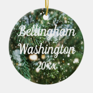 Bellingham Washington Snowy Pine Background Ceramic Tree Decoration