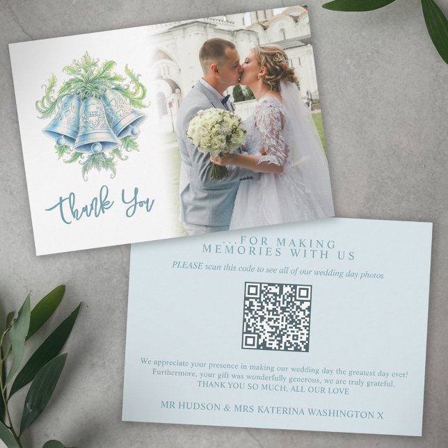 Bells green blue grey wedding photo QR Code Thank You Card (Creator Uploaded)
