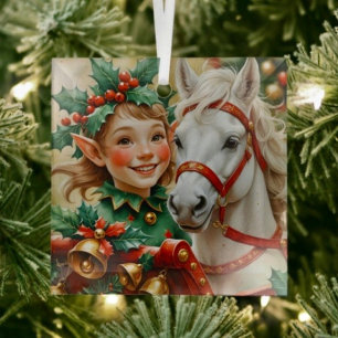 Bells Holly and Horse Christmas Elf Glass Tree Decoration