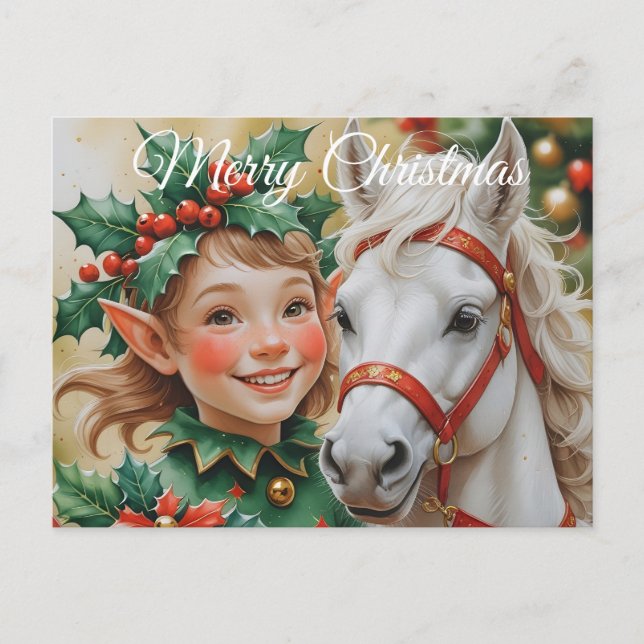 Bells Holly and Horse Christmas Elf Holiday Postcard (Front)