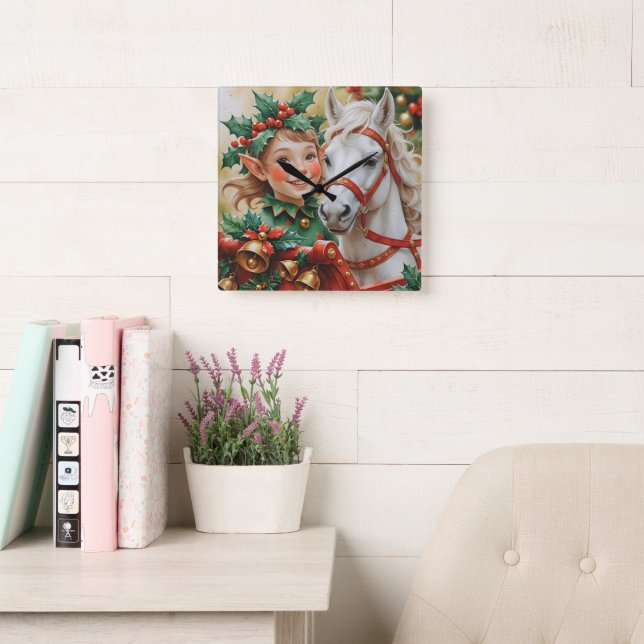 Bells Holly and Horse Christmas Elf Square Wall Clock (Reading Room)