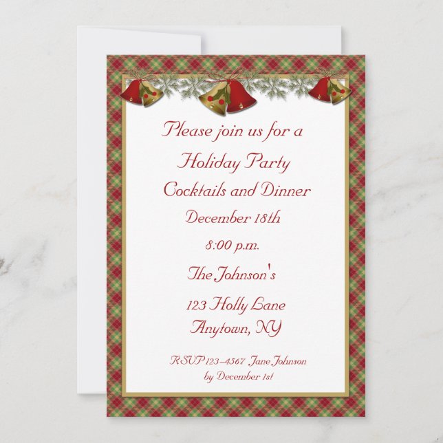Bells Holly Plaid Holiday Party Invitation (Front)