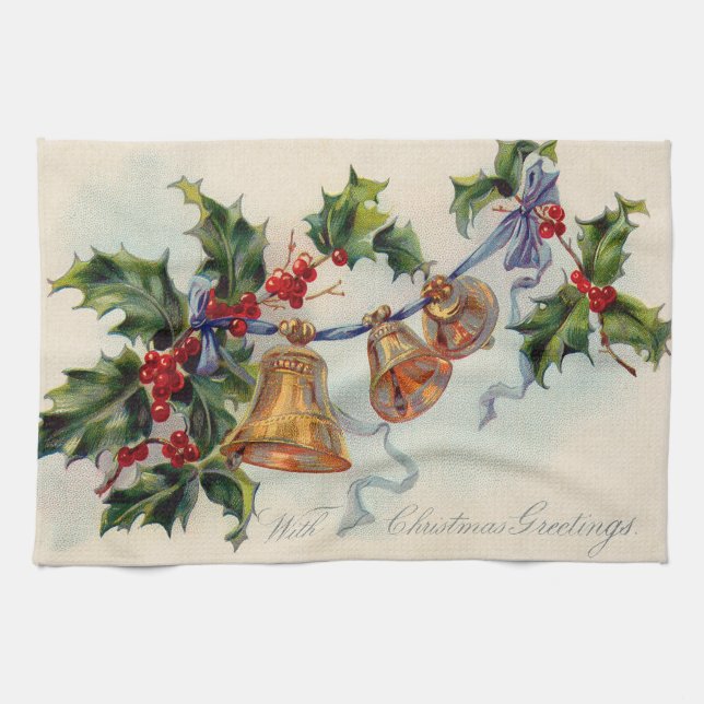 Bells Ribbon Holly Winterberry Tea Towel (Horizontal)