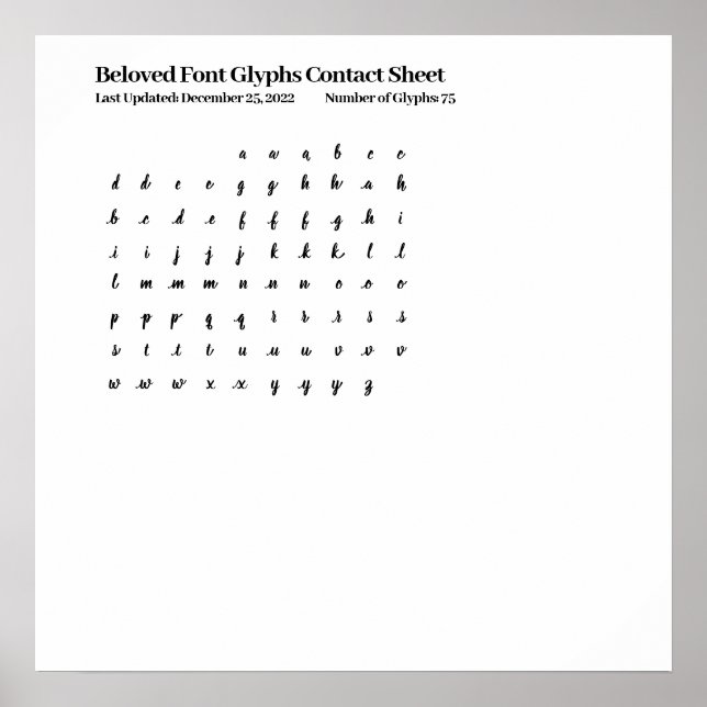 Beloved Font Glyphs Contact Sheet Poster (Front)