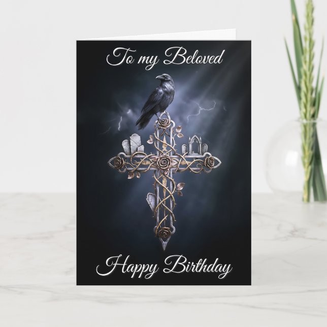 Beloved Personalized Gothic Cross Raven Birthday Card (Front)