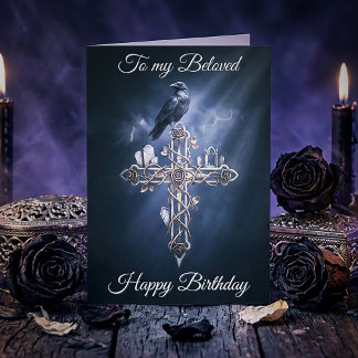 Beloved Personalized Gothic Cross Raven Birthday Card
