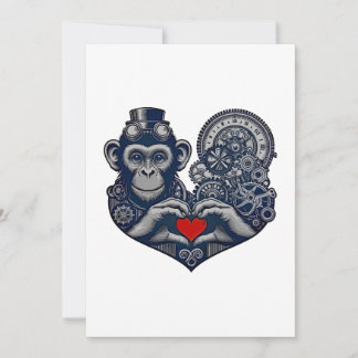 Beloved steampunk monkey with red heart invitation