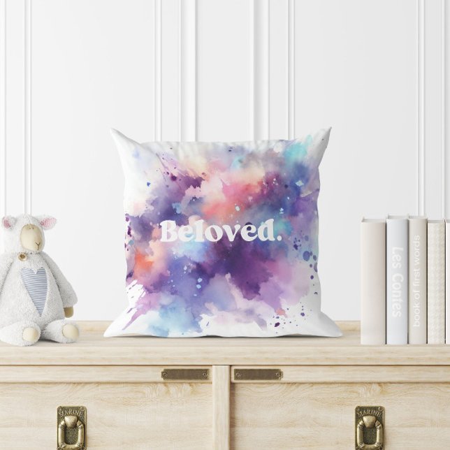 Beloved. Watercolor Colourful Splashes Throw Pillo Cushion (Beloved. Watercolor Colorful Splashes Throw Pillow)