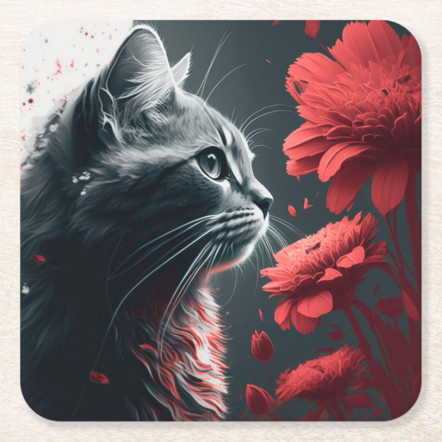 Below cat glass blooms the eye square paper coaster (Front)