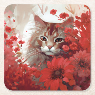 Below glass cat flower square paper coaster