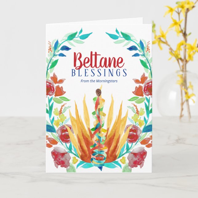 Beltane Blessings Colourful Floral Fire & Maypole Card (Yellow Flower)