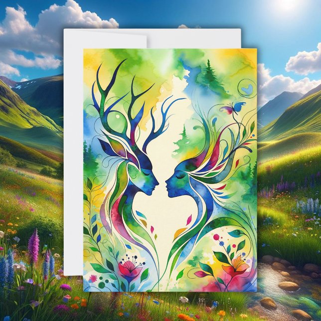 Beltane Blessings Lord & Lady Flat Holiday Card (beltane deer pagan wiccan witch holiday greeting card watercolor illustration)