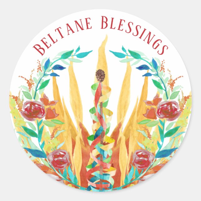 Beltane Fire Maypole & Summer Flowers Classic Round Sticker (Front)