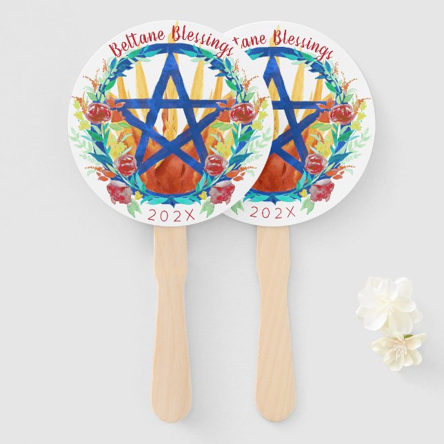 Beltane Fire Summer Flower Pentacle Wicca Sabbat Hand Fan (Front and Back)