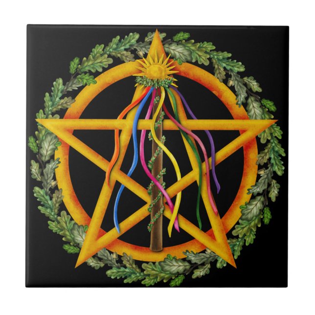 Beltane Maypole & Oak Leaves | Wiccan Altar Tile (Front)