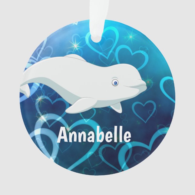 Beluga Whale and Blue Hearts Arctic Christmas Ornament (Front)